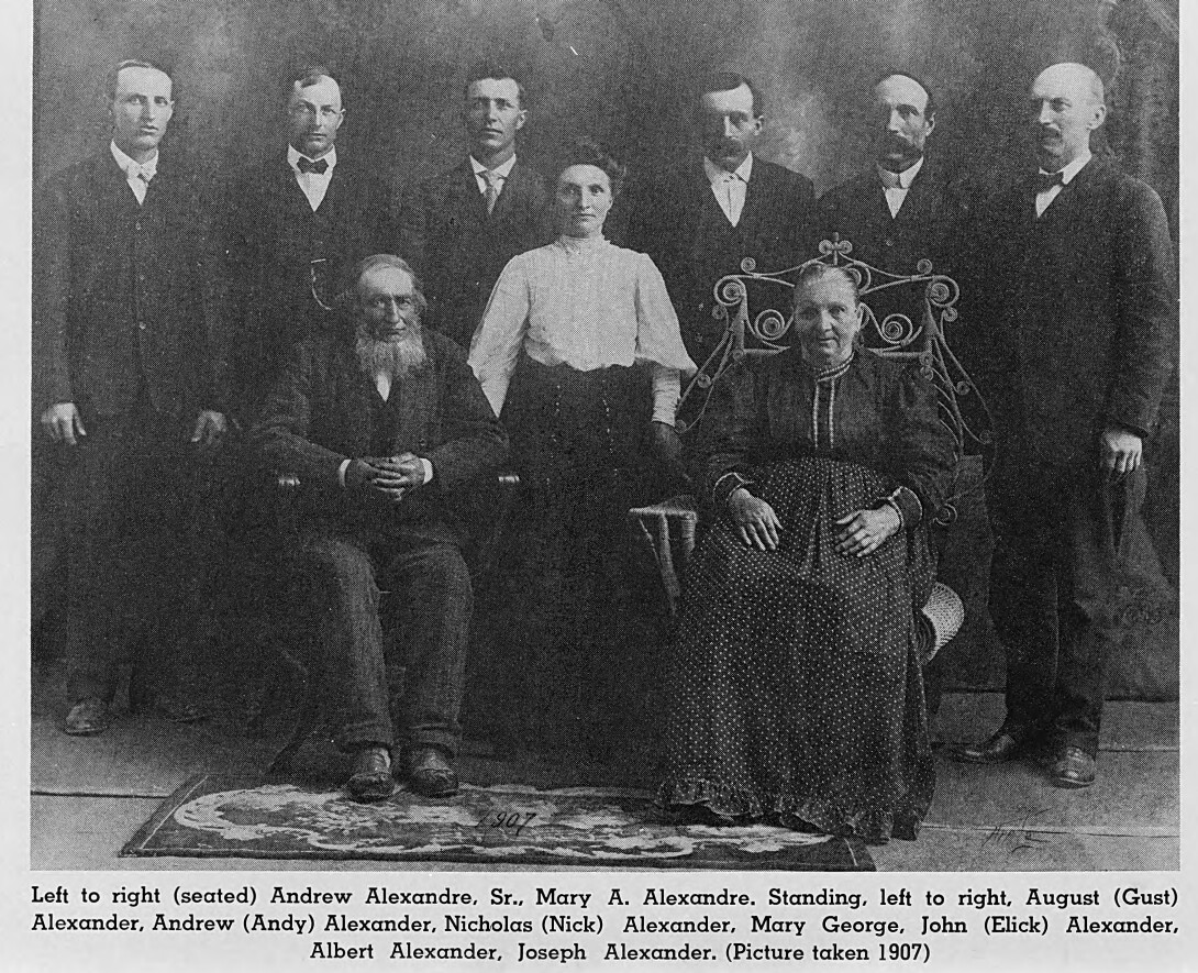 Andrew and Mary Alexandre seated with their adult children, 1907. Family-supplied History of the Andrew Alexandre Family (1963), p. 12.