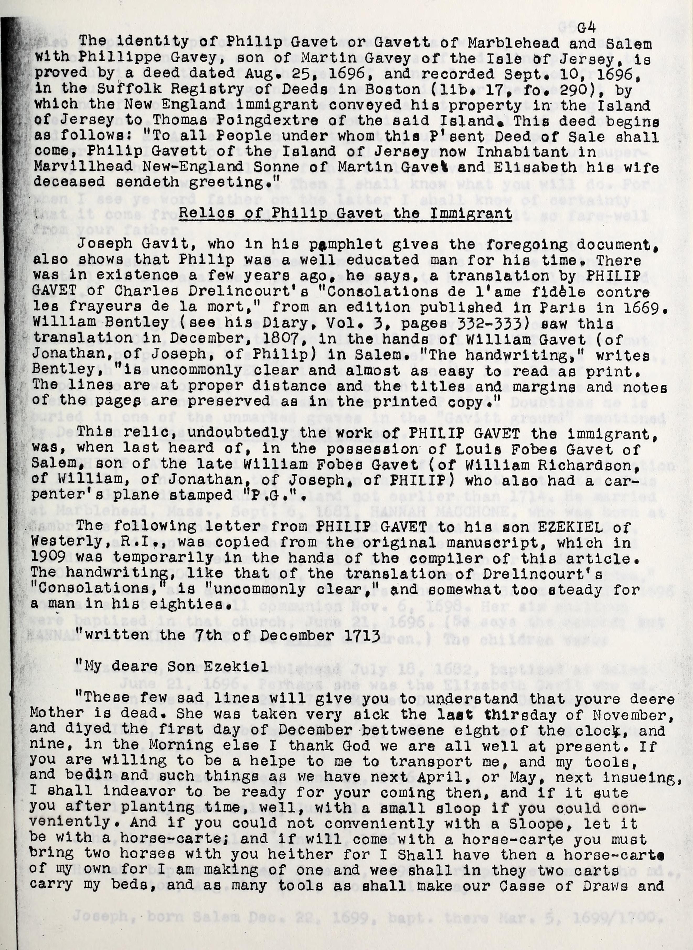 Some Prudence Island Allens, page G4: a published transcription and discussion of the deed and letter, not the original handwritten documents. Internet Archive marks the source as having no copyright.